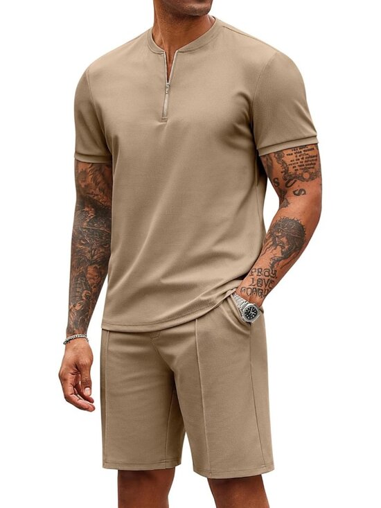 Coofandy Other - Coofandy Men's Khaki Polyester Shorts Zip Polo T Shirt 2 Pieces Tracksuit
